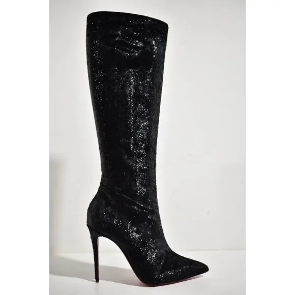 Christian Louboutin Kate Botta 100 Black Velours Papillon Knee Heel Boot 37.5 - Picture 2 of 12